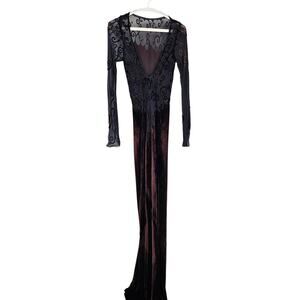 Vintage y2k Velvet Velour Gown Maxi Dress Brown Black Lace Art to wear Size XS